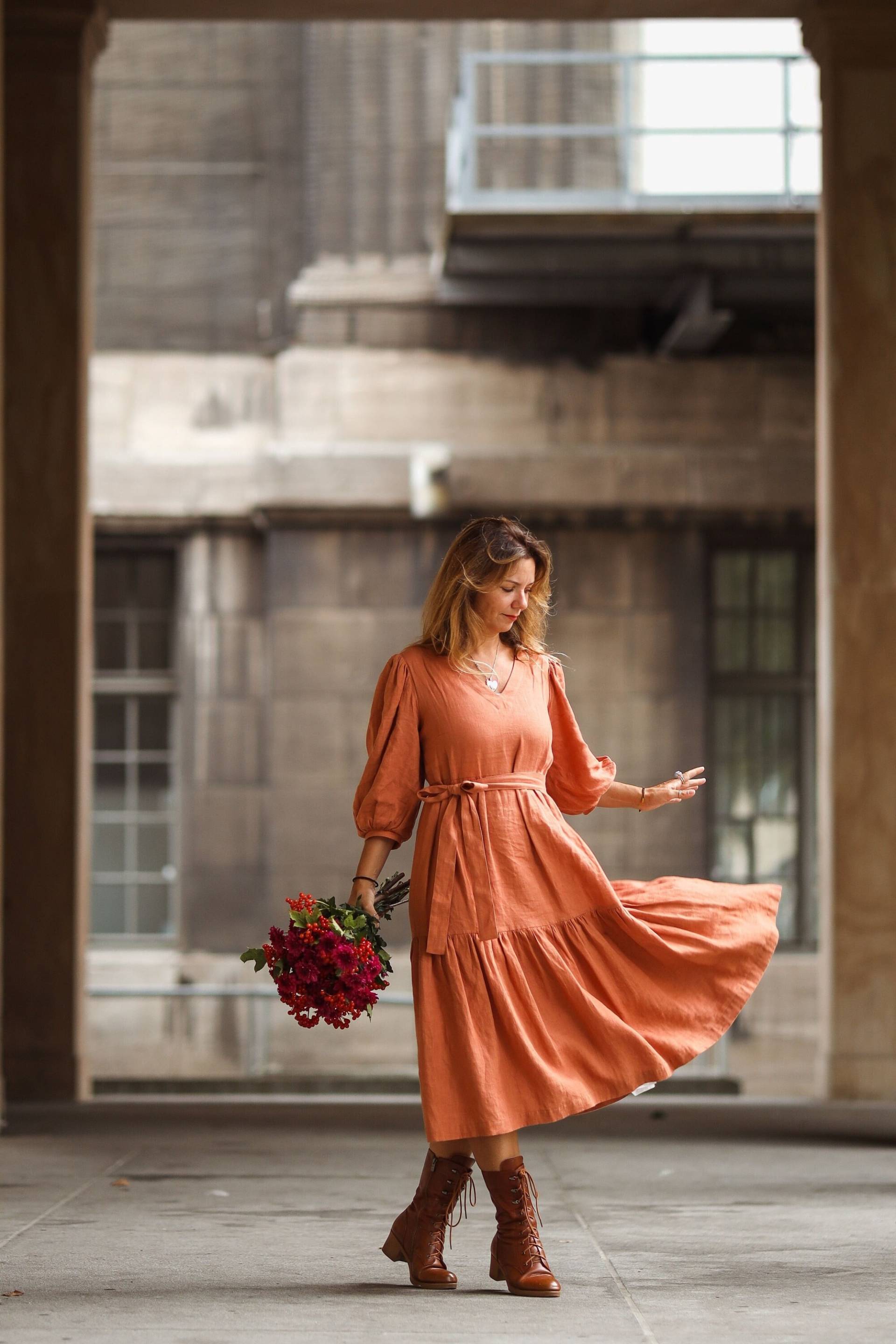 Leinen Frauen Kleid, Puffärmel Herbst Gewaschen Hochzeitskleid, Brautjungfer Midi Kleid Mit V-Ausschnitt von TsiomikKids