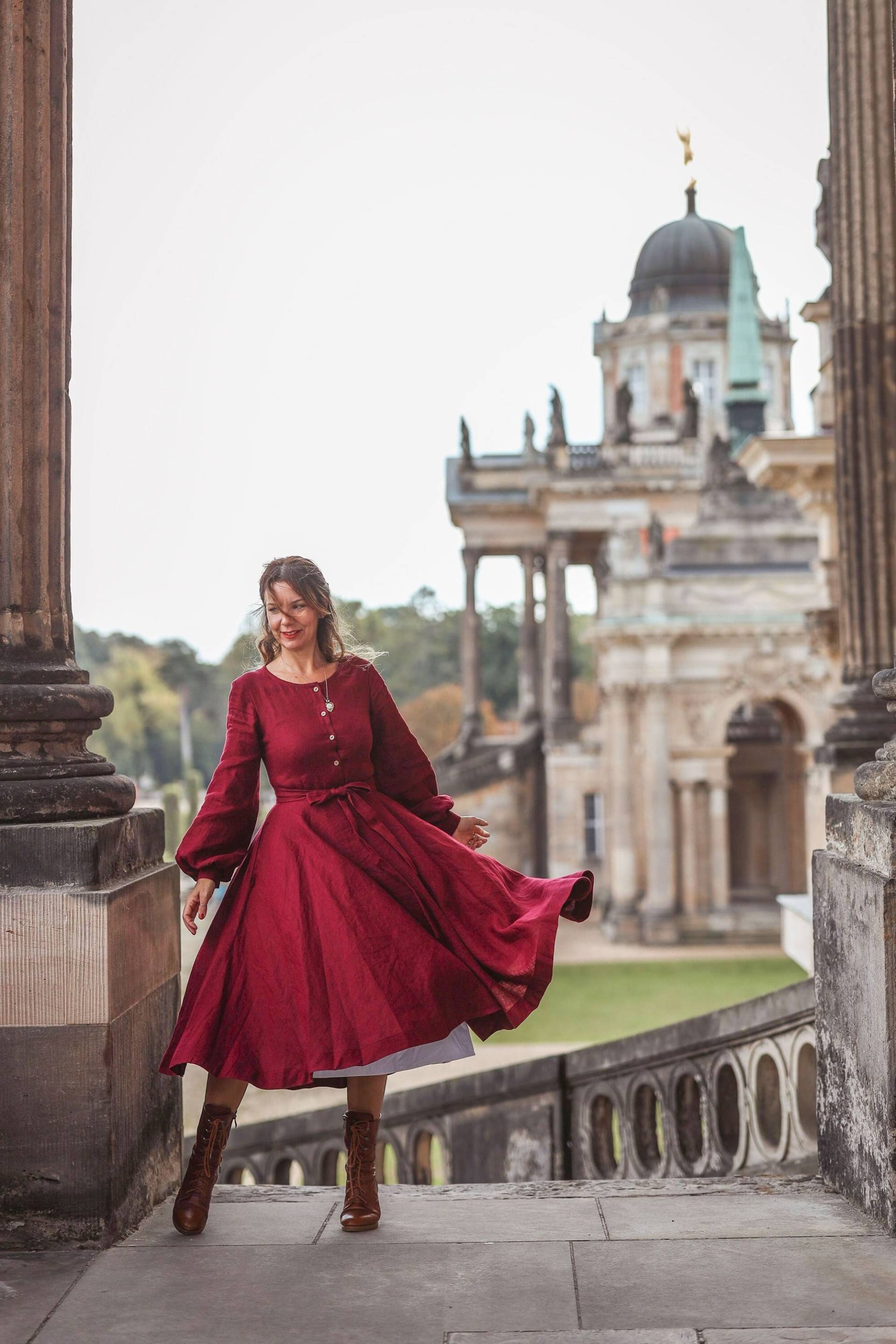 Leinen Frauen Kleid, Tellerrock, Brautjungfer Burgunder Midi Herbst Vintage Stil Petite Und Tall Kleidung von TsiomikKids