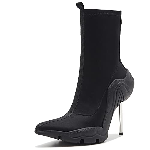 Tsrenlmln Damen Stiefeletten High Heel Stiefel für Frauen Mode Spitze Zehe Stiletto Stiefel Damen Elastischer Stoff 8cm Absatz Pull-On Kurze Stiefel, Schwarz, 40.5 EU von Tsrenlmln