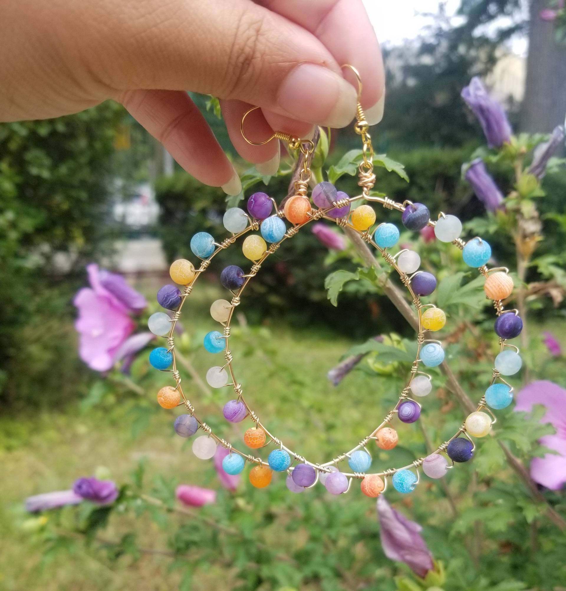 Bunte Drachen Vein Achat Perlen Creolen, Boho Schmuck von TsukasaAndAna