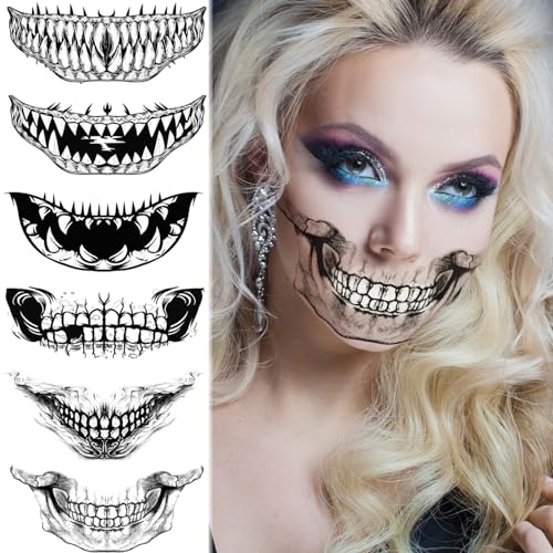 Halloween Tattoo Gesicht Kostüm Damen Schminke Accessoires, Temporäre Tattoos Mund Aufkleber Zombie Skelett Vampir Kostüm Requisiten Cosplay Gesichtstattoo Horror Halloween Deko Party Set 6 von TsuperU