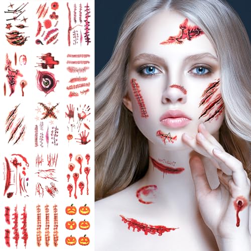 Halloween Tattoo Narben Aufkleber Vampir Kostüm Damen Schminke Accessoires, Fake Tattoos Wunden Halloween Tattoo Gesicht Make Up Zombie Temporäre Tattoos Halloween Deko Horror Cosplay Sticker von TsuperU