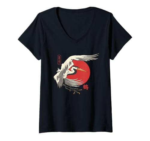 Damen Japanischer Kranich und rote Sonne, traditionelle japanische Kunst T-Shirt mit V-Ausschnitt Damen Japanischer Kranich und rote Sonne, traditionelle japanische Kunst T-Shirt mit V-Ausschnitt von Tsuru Spirit Apparel