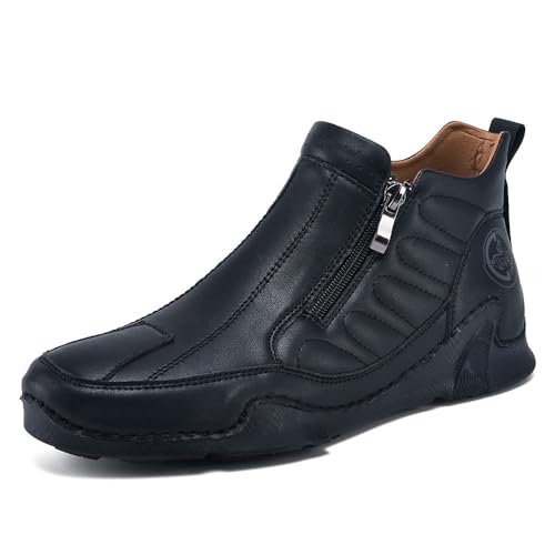 Tsuukuie Ankle Chukka Stiefel Herren Casual Barfußschuhe Herren Slip-On Leder Reißverschluss Stiefel zum Gehen Fahren 42 Schwarz von Tsuukuie