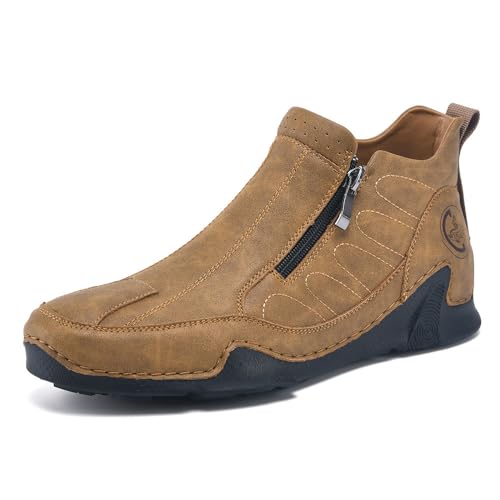 Tsuukuie Ankle Chukka Stiefel Herren Casual Barfußschuhe Herren Slip-On Leder Reißverschluss Stiefel zum Gehen Fahren 46 Braun von Tsuukuie