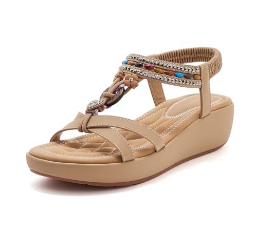 Tsuukuie Damen Bequeme Sandale Bohemia Keilsandalen mit Strass Perlen Knöchelriemen Sandalen Strand von Tsuukuie