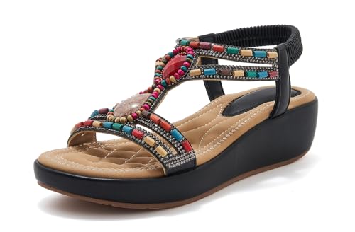 Tsuukuie Damen Bequeme Sandale Bohemia Keilsandalen mit Strass Perlen Knöchelriemen Sandalen Strand von Tsuukuie