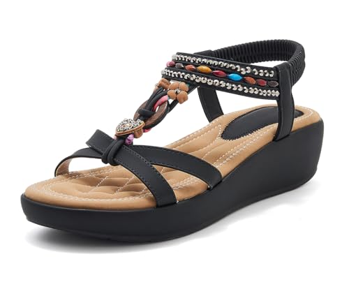 Tsuukuie Damen Bequeme Sandale Bohemia Keilsandalen mit Strass Perlen Knöchelriemen Sandalen Strand von Tsuukuie