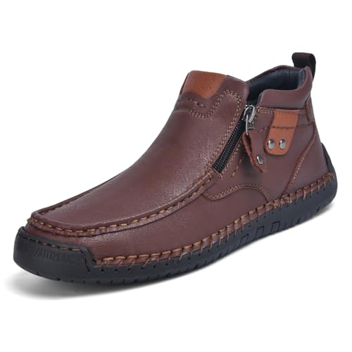 Tsuukuie Männer Casual Leder Barfußschuhe Slip-On Knöchel Chukka Stiefel Bequeme Walking Driving Schuhe für Männer 42 Dunkelbraun von Tsuukuie