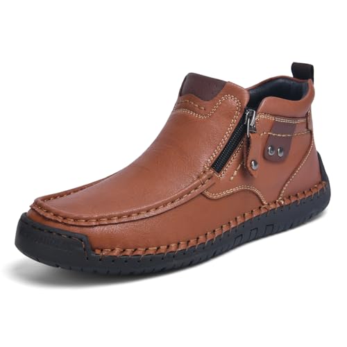 Tsuukuie Männer Casual Leder Barfußschuhe Slip-On Knöchel Chukka Stiefel Bequeme Walking Driving Schuhe für Männer 47 Hellbraun von Tsuukuie