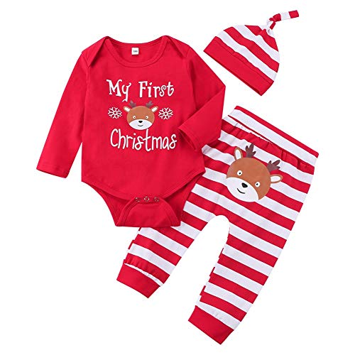 Ttkgyoe Mein erster Weihnachtsbaby-Mädchen-roter Strampler mit Streifenhose und Hut 3-teiliges Neugeborenen-Outfit-Set,Rot-6,0-3 Monate(Etikette 70) von Wexuua