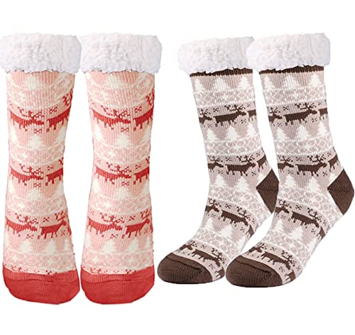 Damen Hüttensocken,Damen Wintersocken,Damen Stoppersocken,Hüttensocke mit ABS Sohle Kuschelsocken Damen Warme Pantoffel Socken Weihnachten Fuzzy Socken Flauschig Socken Winter Strümpfe,2 Paar 35-41 von TuYines