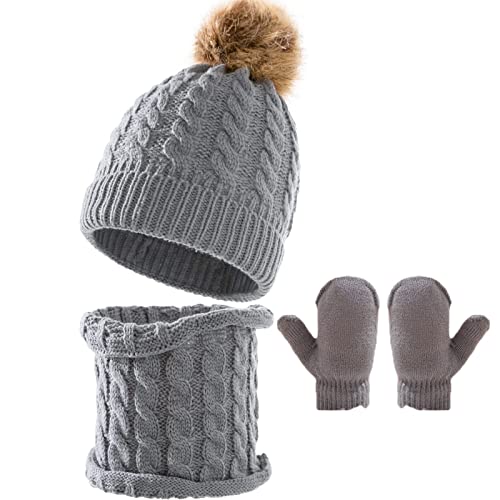 TuYines Kinder Wintermütze Schal Handschuhe Mädchen Set, Strickmütze Babymütze Kinder Mütze Set Baby Mütze Jungen Beanie Hut Handschuhe runder Schal Set 0-3 Jahre von TuYines