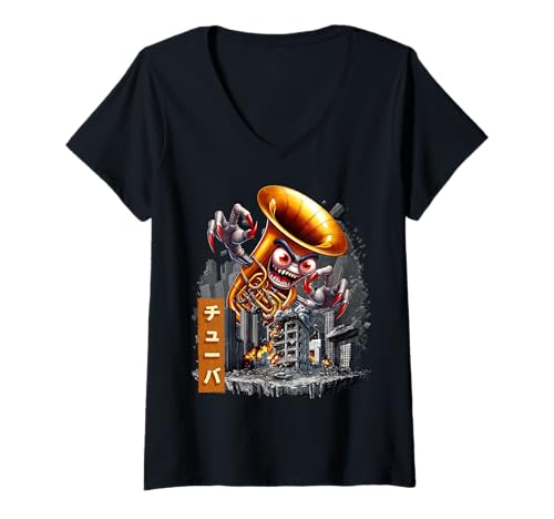 Damen Lustiges Tuba Instrument Kaiju Monster Japanisch T-Shirt mit V-Ausschnitt von Tuba Instrument Kaiju Monster Clothing