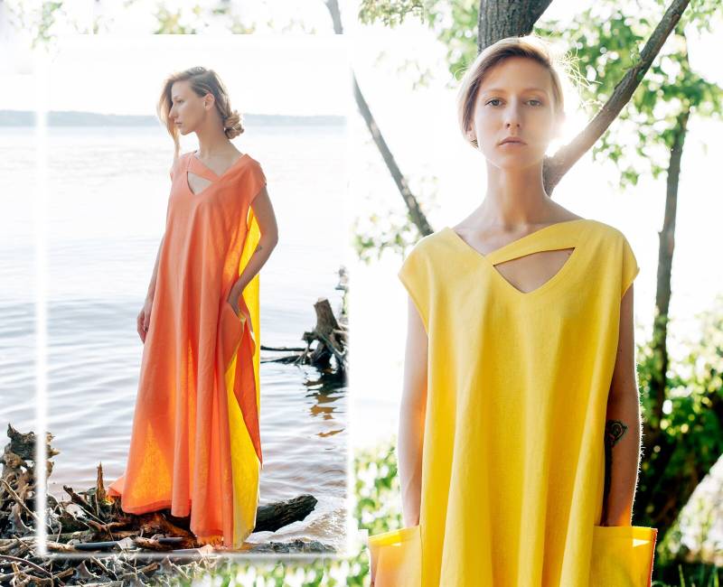 Color Block Leinen Kleid Orange & Gelber Oversize Kaftan von TubaIDuba