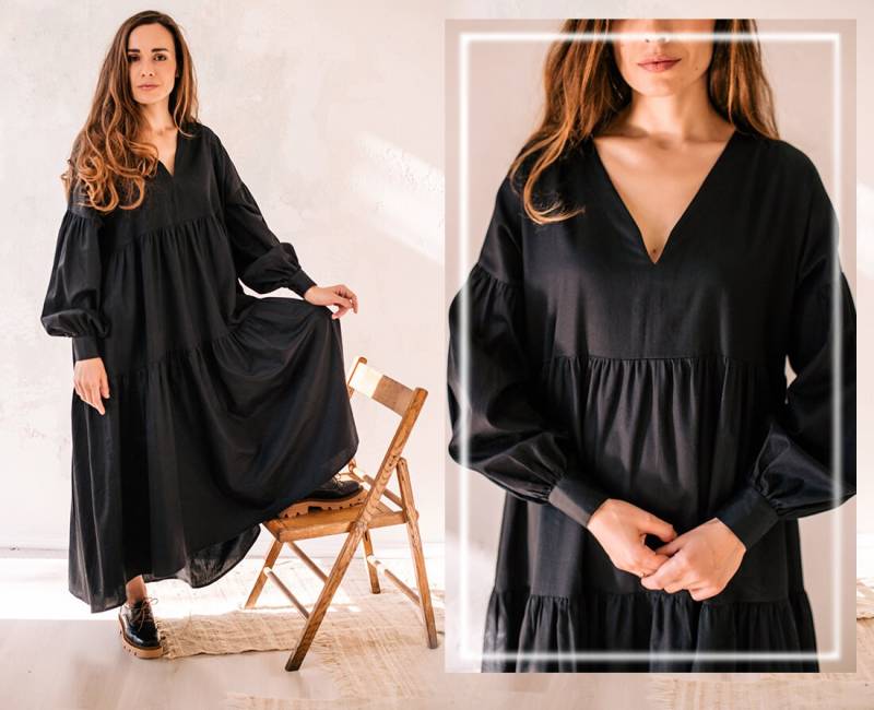 Schwarzes Leinen Maxikleid Übergroße Langarm-Tunika von TubaIDuba