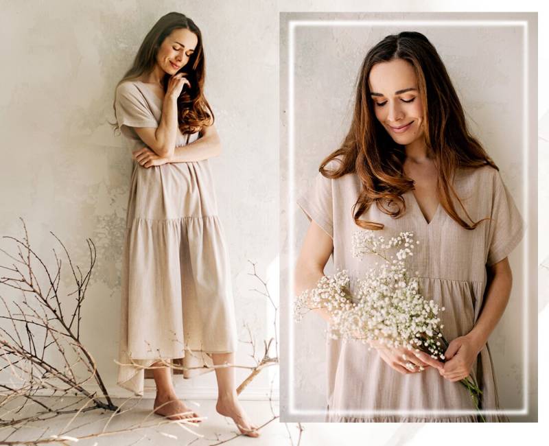 Übergroßes Leinen-Tunika-Kleid Lockere Passform, V-Ausschnitt, Kurze Ärmel von TubaIDuba