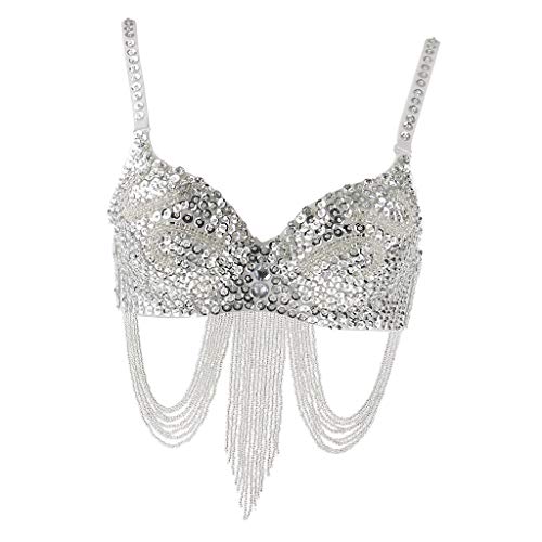 Tubayia Damen Bauchtanz BH Pailletten Quaste Bra Kostüm für Bauchtanz Halloween Party (Silber) von Tubayia