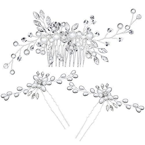 Tucireat Hochzeitshaarschmuck 3-stück Set: Silber, Kristall & Perle, Braut & Kommunion, Frauen, Erwachsene Frauen von Tucireat