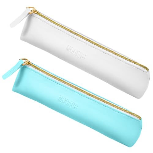 2 Stück Federmäppchen Leder Federmäppchen Kunstleder Federpenal Schmal Stifteetui Leder Tragbare Kleines Täschchen mit Reißverschluss für Kosmetika(Blau Weiß) von Tucnoeu
