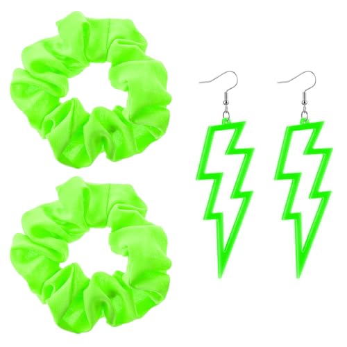 4 Stück Haargummi und Ohrringe Neon für Damen - Blitz Ohrringe der 80er/90er Jahre - Scrunchies und Accessoires (Grün) von Tucnoeu