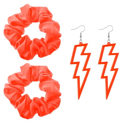 4 Stück Karneval Neon Haargummi und Ohrringe für Damen Blitz Ohrringe der 80er 90er Jahre Scrunchies Neon Accessoires(Orange) von Tucnoeu