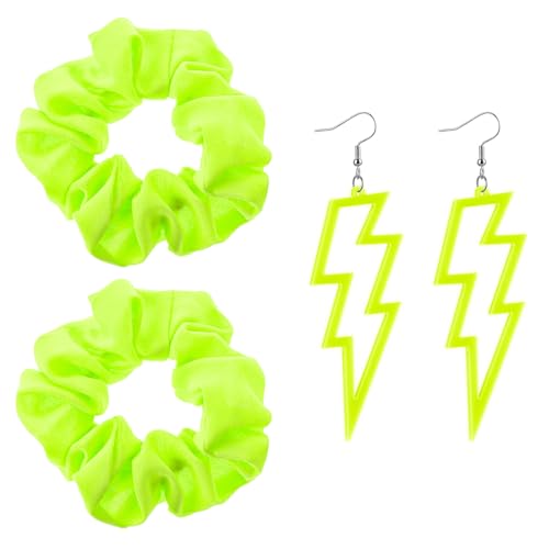 4 Stück Karneval Haargummi Neon und Ohrringe für Damen Blitz Ohrringeder 80er 90er Jahre Neon Scrunchies Accessoires(Gelb) von Tucnoeu