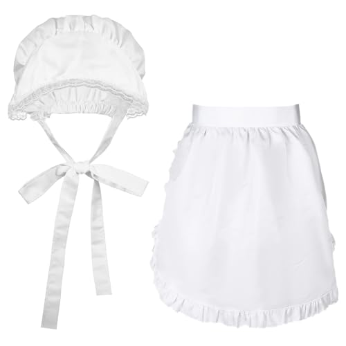Tucnoeu 1 Set Rüschen Schürze Weiß, Kolonial Kostüm Damen Schürze Mit Mob Hüte, Dienstmädchen Kostüm für Halloweenparty Cosplay Zuhause Restaurant von Tucnoeu
