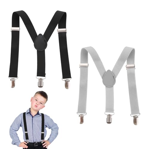 Tucnoeu 2PCS Hosenträger Kinder, Verstellbare 3 Clips Elastische Hosenträger für Jungen Schwarz Grau Kinderhosenträger von Tucnoeu