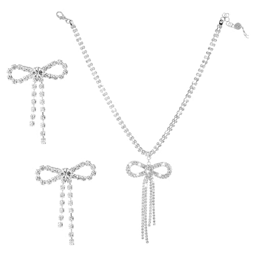Tucnoeu 3 Stück Strass Schmucksets für Damen, Schleifen Brautschmuck Set für Damen, Strass Halskette und Ohrring Set für Braut Damen Abschlussball Hochzeit Schmuck Set von Tucnoeu