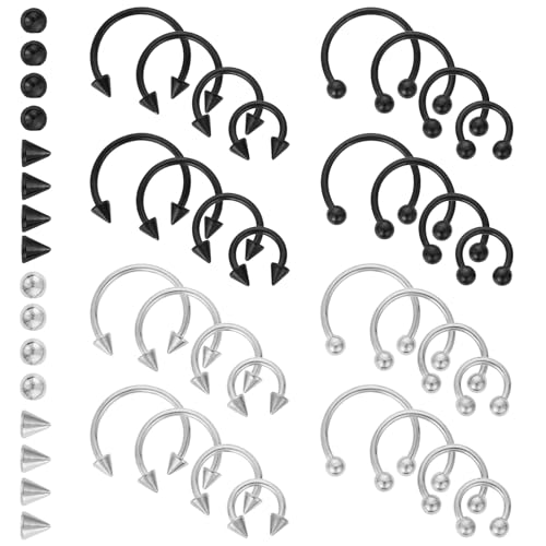 Tucnoeu 32pcs 16G Septum Piercing Schwarz Silber mit Ersatzkegel Hufeisen Piercing Set Nasenscheidewand Piercing Septum für Damen und Herren von Tucnoeu