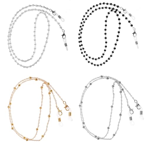 Tucnoeu 4 Stück Brillenkette Perlen Brillen Kette - Elegante Anti-Verlust-Kette für Damen mit Lobster-Clips (Schwarz, Weiß, Gold, Silber) von Tucnoeu