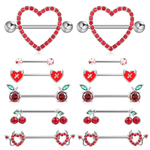 Tucnoeu 6 Paare Nippelpiercing, Brustwarzenpiercing, Nipple Piercing Schmuck Set für Damen, Rot Silber Herz Schmetterling von Tucnoeu