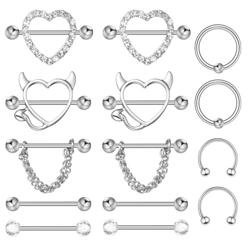 Tucnoeu 7 Paar Silber Nippelpiercing, 14G Edelstahl Brustwarzenpiercing, Kette Herz Straight Nipple Piercing für Frauen von Tucnoeu