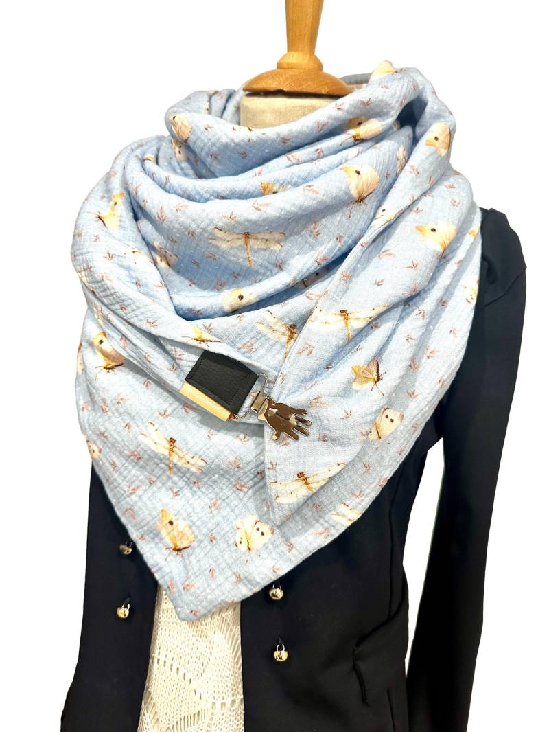 Tuecherfee, Hellblaues Xxl Dreieckstuch, Doppelt Genähtes Musselin Inkl. Süßen Clip, Wickelschal, Damen Tuch, Insekten von Tuecherfee