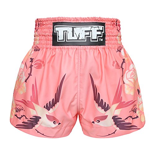 Tuff Sport Box-Shorts, Muay-Thai-Shorts für Damen und Mädchen, Kick, Kampfsport, Training, Fitnessstudio, Rosa Vögel, Groß von Tuff Sport