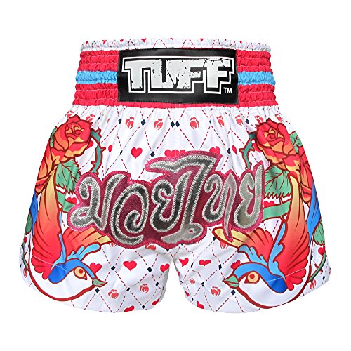 Tuff Sport Boxen Muay Thai Shorts Damen Mädchen Kick Kampfsport Training Fitnessstudio Kleidung Trunks, white rose, Groß von Tuff Sport