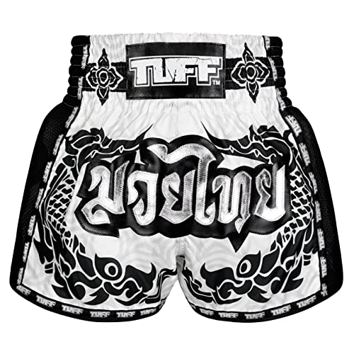 Tuff Sport Retro-Muay-Thai-Shorts, Box-Shorts, klassisch, schmaler Schnitt, MMA, Kickboxen, Workout-Set, Kleidung, Training, Tuf-msc108-wht, Mittel von Tuff Sport