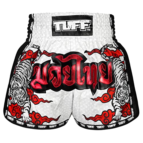 Tuff Sport Retro-Muay-Thai-Shorts, Box-Shorts, klassisch, schmaler Schnitt, MMA, Kickboxen, Workout-Set, Kleidung, Training, Tuf-msc121-wht, Groß von Tuff Sport