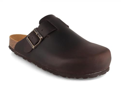 Tuffeln Leder-Clogs Helgoland mit weichem Korkfußbett bequeme Hausschuhe & Pantoletten für Damen & Herren, Dunkelbraun Gr. 41 von Tuffeln