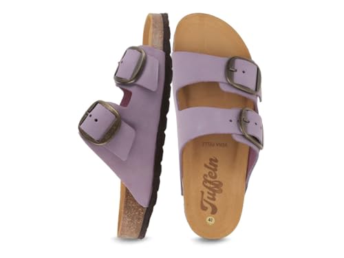 Tuffeln Leder-Sandalen Föhr mit weichem Korkfußbett Zweischnaller Pantoletten, Lila Gr. 38 von Tuffeln