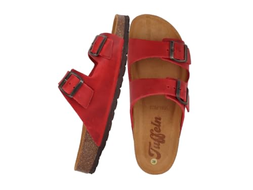 Tuffeln Leder-Sandalen Föhr mit weichem Korkfußbett Zweischnaller Pantoletten, Rot Gr. 37 von Tuffeln