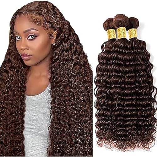 Tuheerst 24 24 24 Inch Deep Wave Human Hair Bundles #4 Chocolate Brown Menschliches Haar Human Hair Extensions Unprocessed Echthaar Tressen Double Weft Remy Hair for Woman 3 Bundle Total 300g von Tuheerst