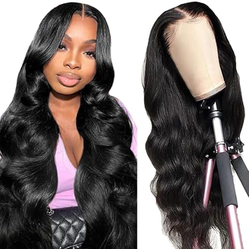 Tuheerst Body Wave Human Hair Wig Echthaar Perücke Damen Natural Black 4X4 Lace Brasilianisches Echthaar Glueless Wear and Go Pre Bleached Knots with Baby Hair for Woman 22 Zoll von Tuheerst