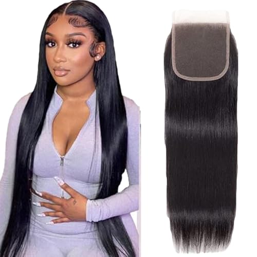 Tuheerst Straight Human Hair Closure 4X4 Lace Closure Menschliches Haar Natural Black Remy Hair Pre Bleached Knots with Baby Hair Free Part for Woman 26 Inch von Tuheerst