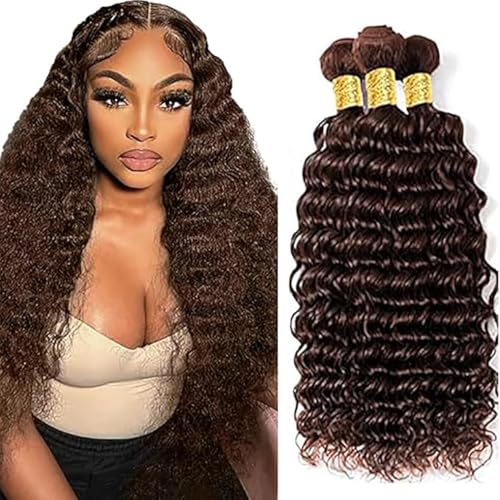 Tuheerst Deep Wave Human Hair Bundles #4 Chocolate Brown Menschliches Haar Human Hair Extensions Unprocessed Echthaar Tressen Double Weft Remy Hair for Woman 3 Bundle Total 300g 14 14 14 Inch von Tuheerst