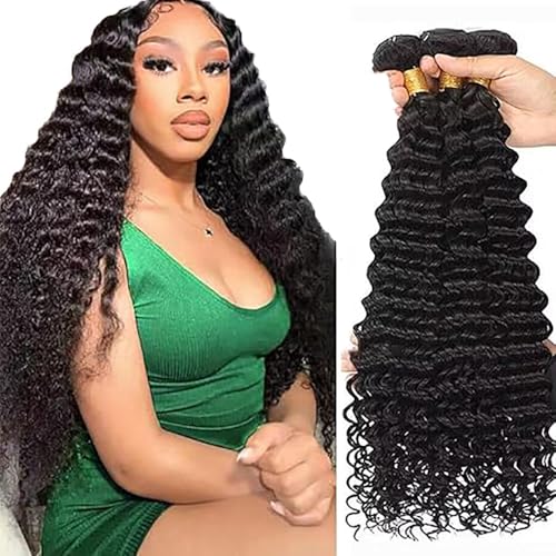 Tuheerst Deep Wave Human Hair Bundles Natural Black Menschliches Haar Human Hair Extensions Echthaar Tressen Bündel 3 Bundles Double Weft Remy Hair for Woman 12 12 12 Zoll von Tuheerst