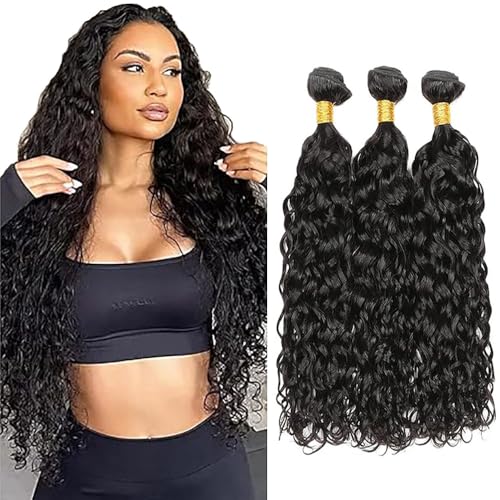 Tuheerst Water Wave Human Hair Bundles Natural Black Menschliches Haar Human Hair Extensions Echthaar Tressen Bündel 3 Bundles Double Weft Remy Hair for Woman 12 12 12 Zoll von Tuheerst
