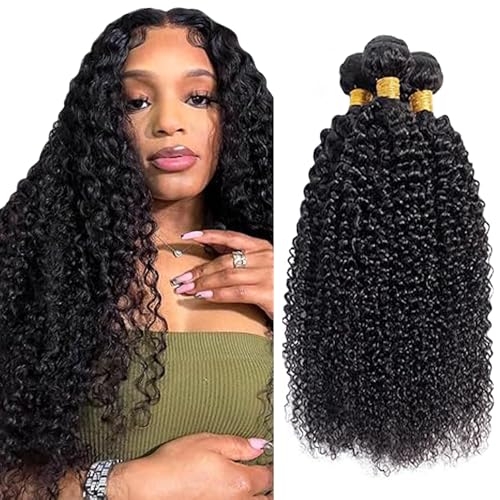 Tuheerst Kinky Curly Human Hair Bundles 1B Natural Black Menschliches Haar Human Hair Extensions Unprocessed Echthaar Tressen Double Weft Remy Hair for Woman 3 Bundle Total 300g 22 22 22 Zoll von Tuheerst