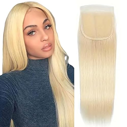 Tuheerst Straight Human Hair Closure 4X4 Lace Closure Menschliches Haar #613 Blonde Remy Hair Pre Bleached Knots with Baby Hair Free Part for Woman 20 Inch von Tuheerst